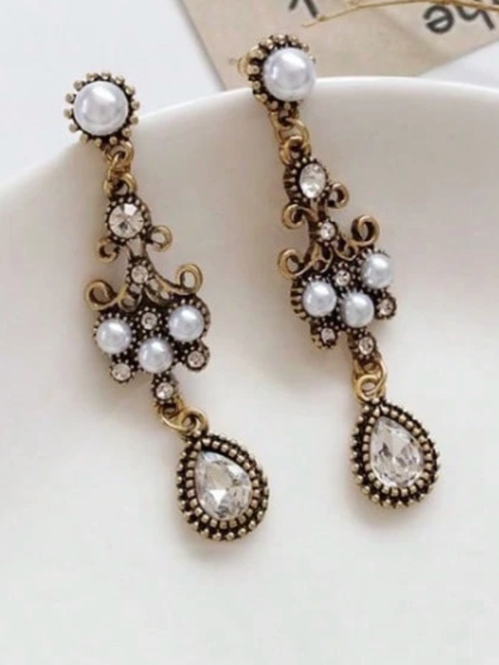 Luxe bronze Tone Faux Pearl Rhinestone Drop Earrings